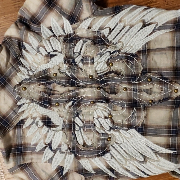Roar angel wing embroidered  shirt tan grey plaid - Picture 4 of 7